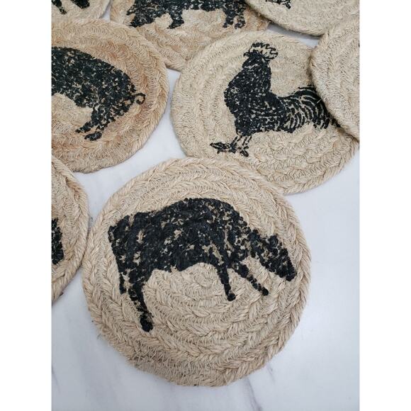 VHC Brand Coasters Cumberland Jute Rustic 4in Set of 15 Cow Chicken Pig Hen Farm - Picture 5 of 9